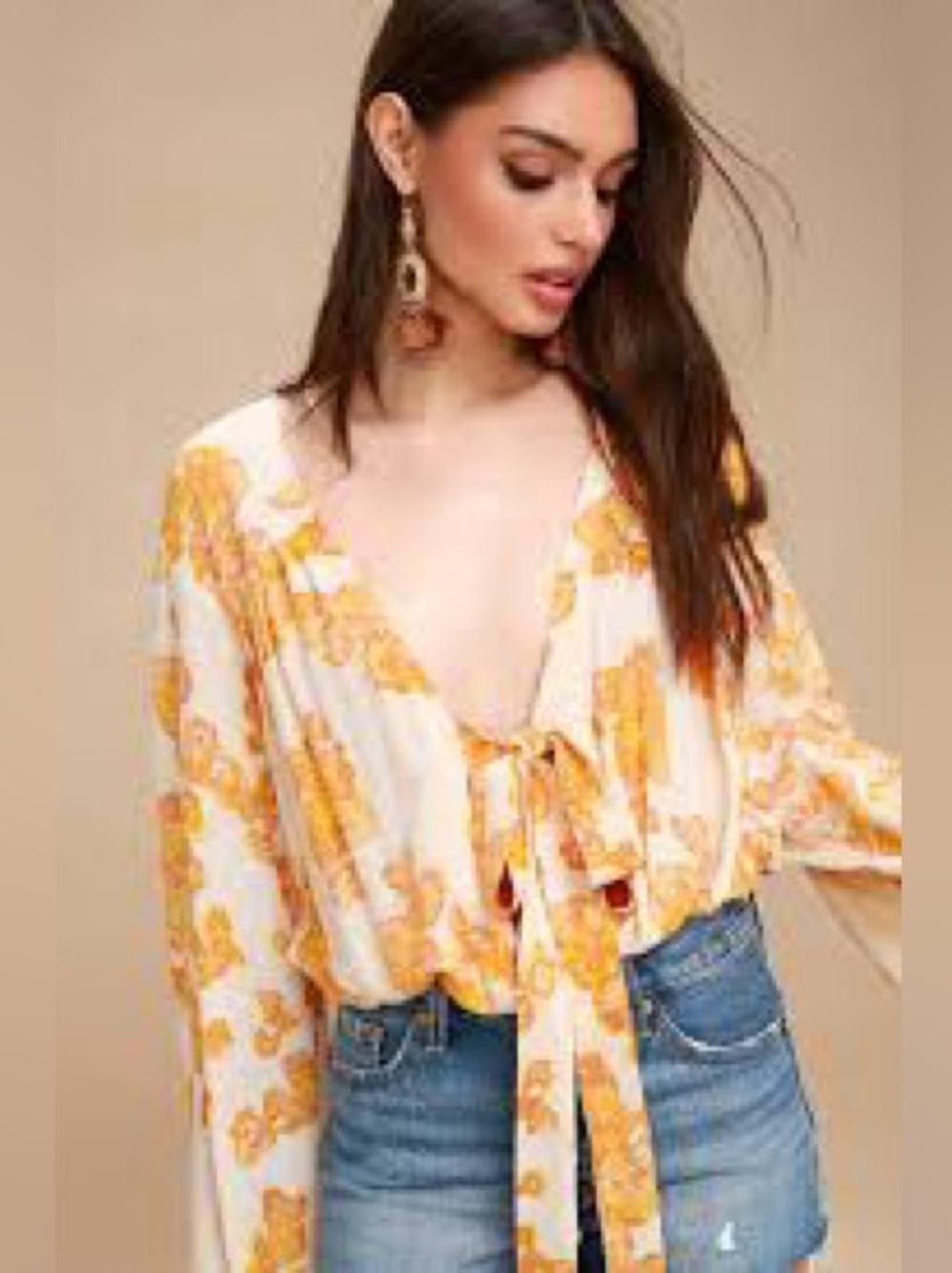 Free People Forties Feel Yellow Floral  Front Tie Blouse Large